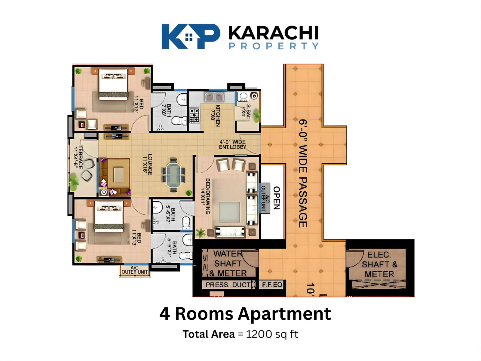4-room apartment floor plan map - 1200 sq ft