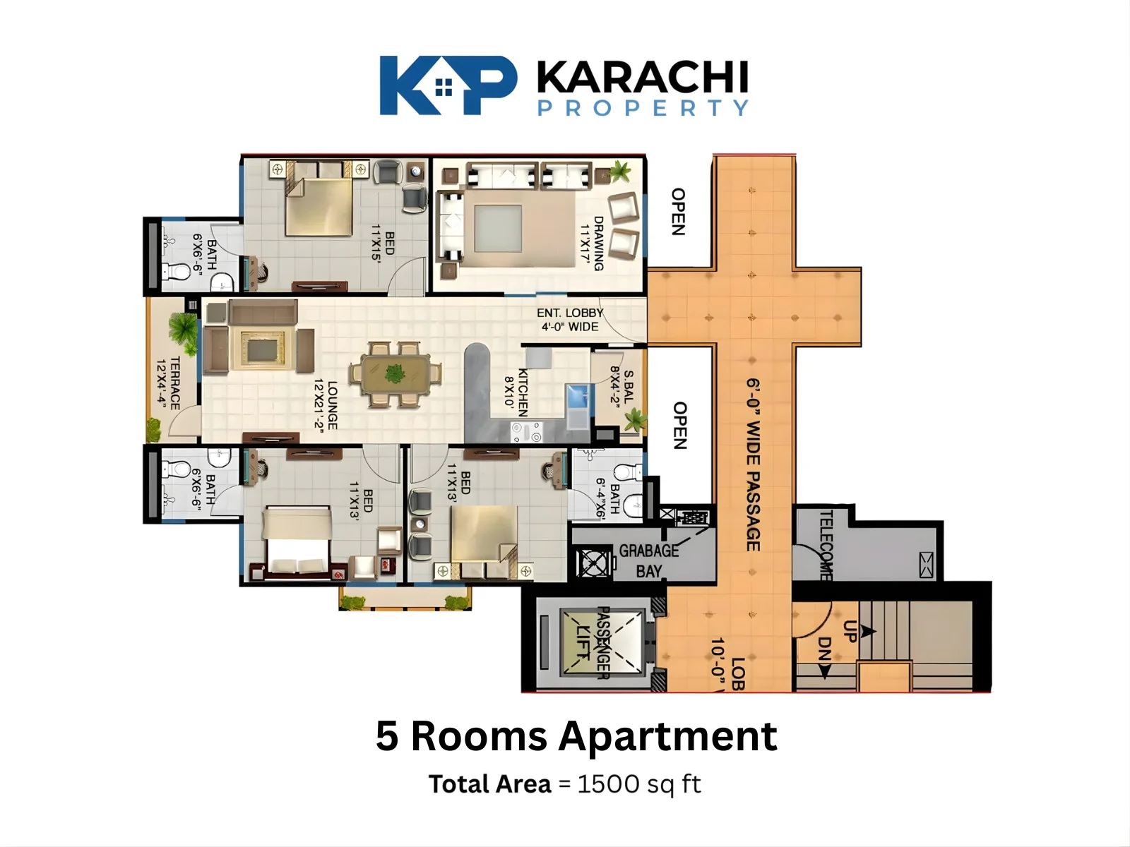 5-room apartment floor plan map - 1500 sq ft