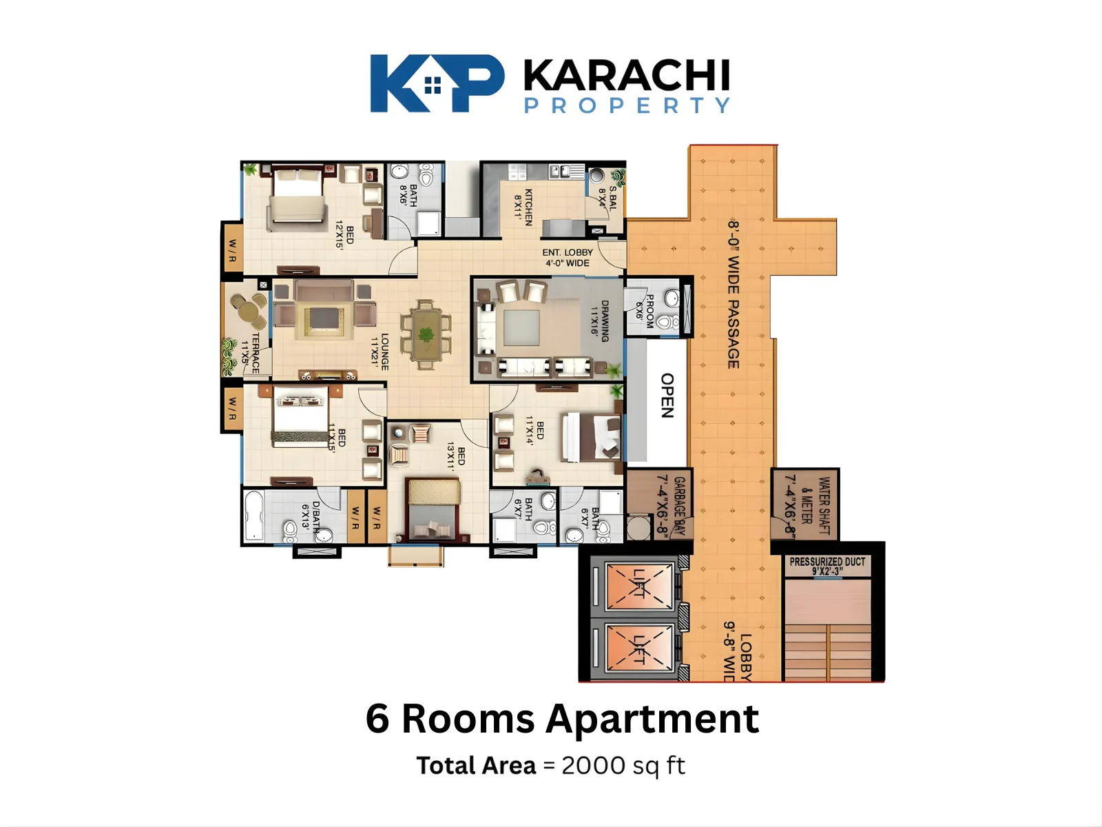 6-room family apartment layout - 2000 sq ft