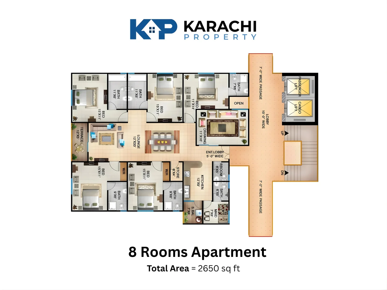 8-room luxury apartment plan map - 2650 sq ft
