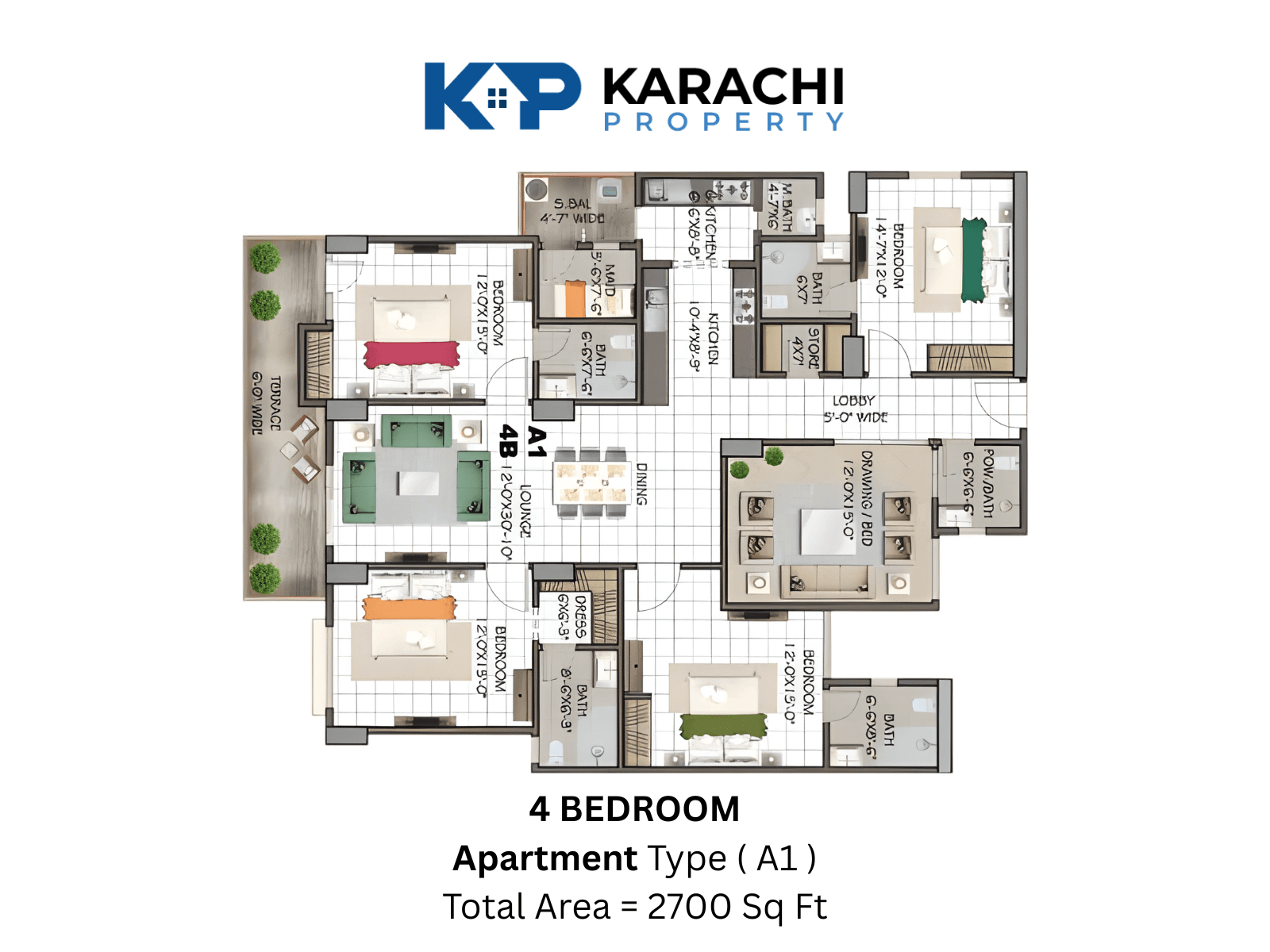 Type A1 corner 4-bedroom apartment floor plan map - 2700 sq ft