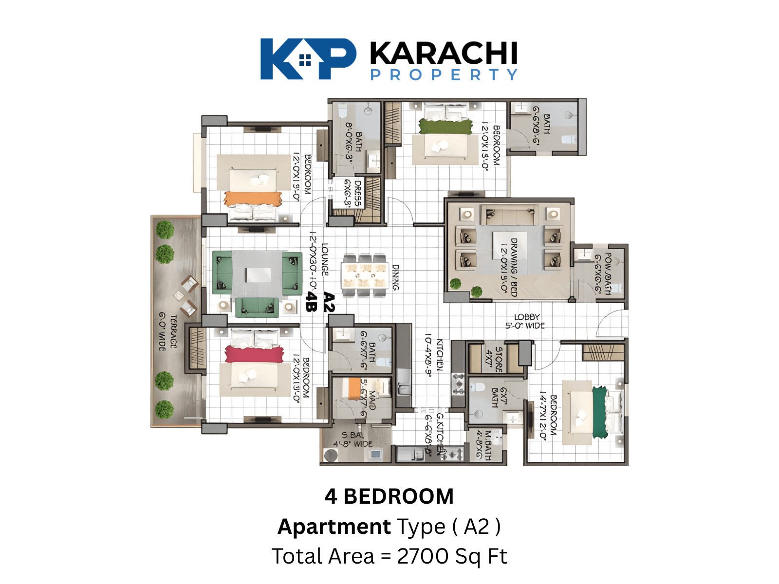 Type A2 non-corner 4-bedroom apartment layout - 2700 sq ft