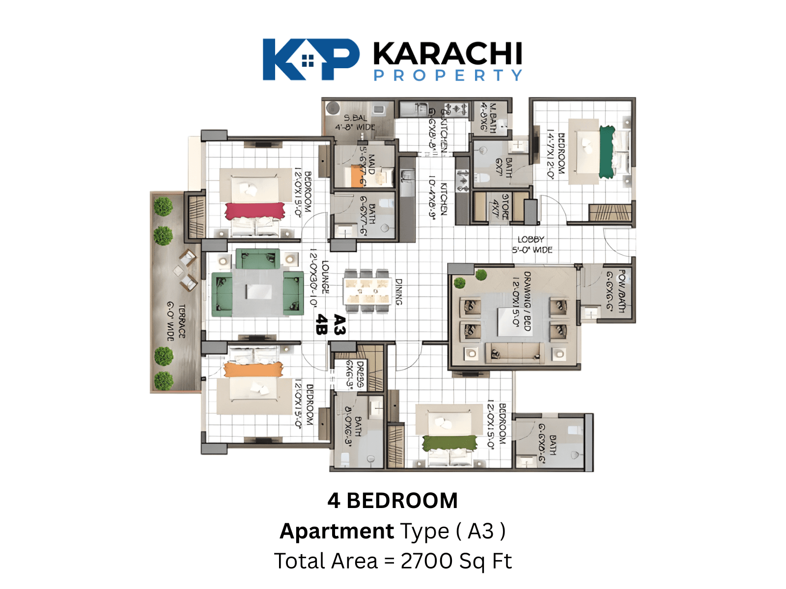 Type A3 centre 4-bedroom apartment plan map - 2700 sq ft