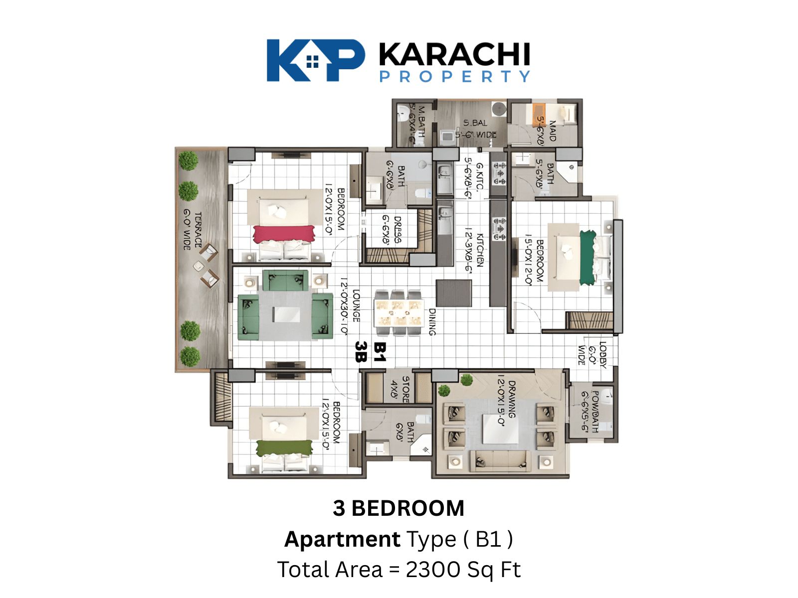 Type B1 corner 3-bedroom apartment floor plan map - 2300 sq ft