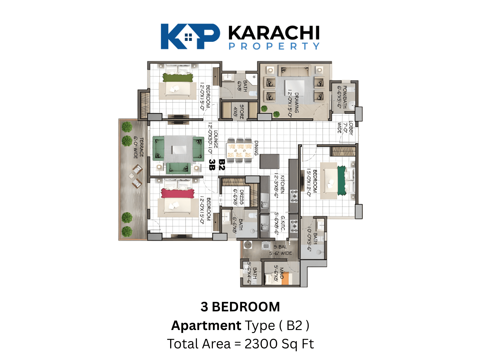 Type B2 non-corner 3-bedroom apartment layout - 2300 sq ft
