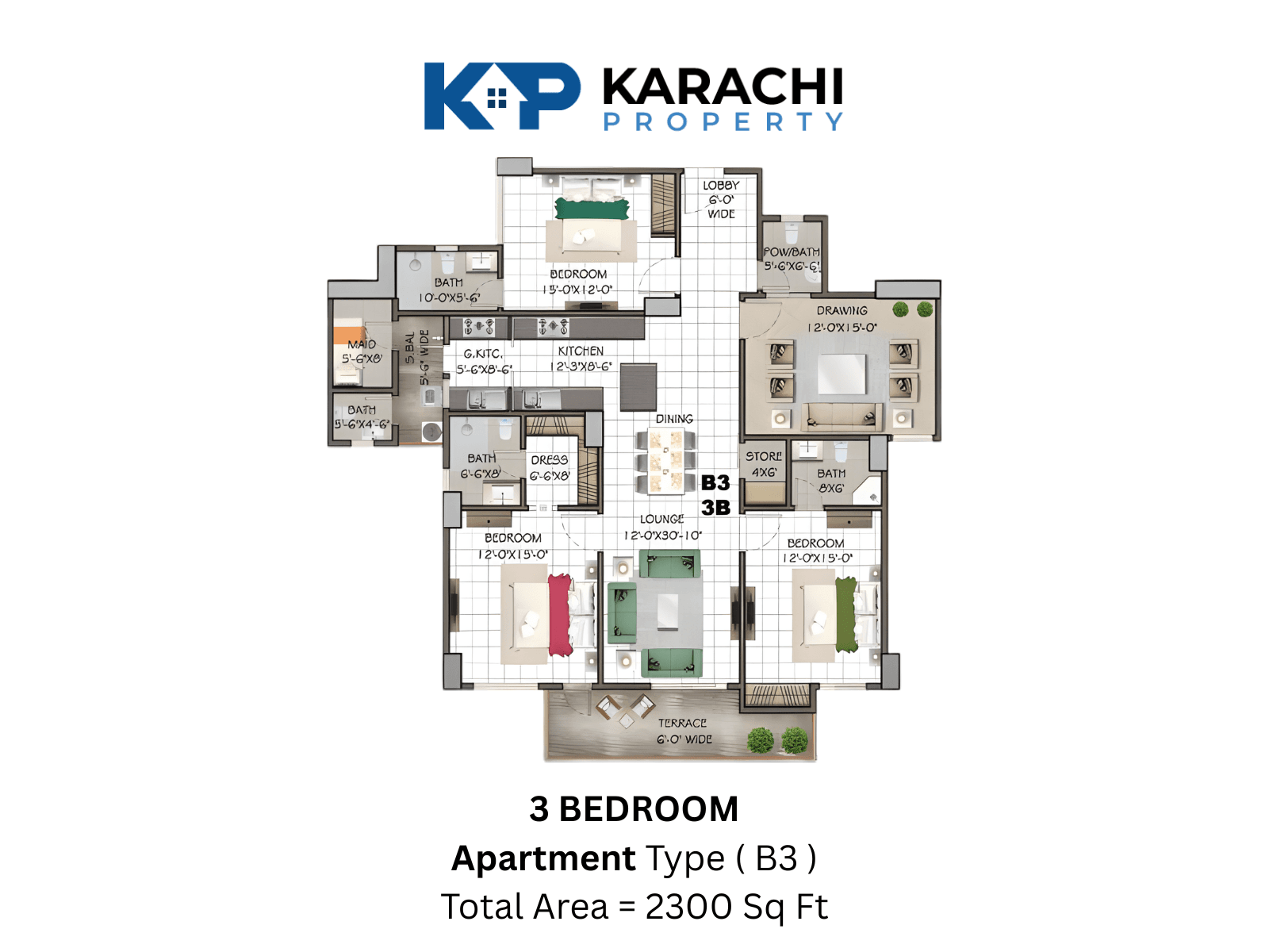 Type B3 centre 3-bedroom apartment plan map - 2300 sq ft