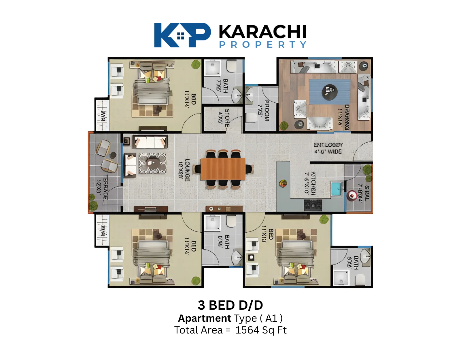 Type-A1 3 Bed D D Apartment Plan
