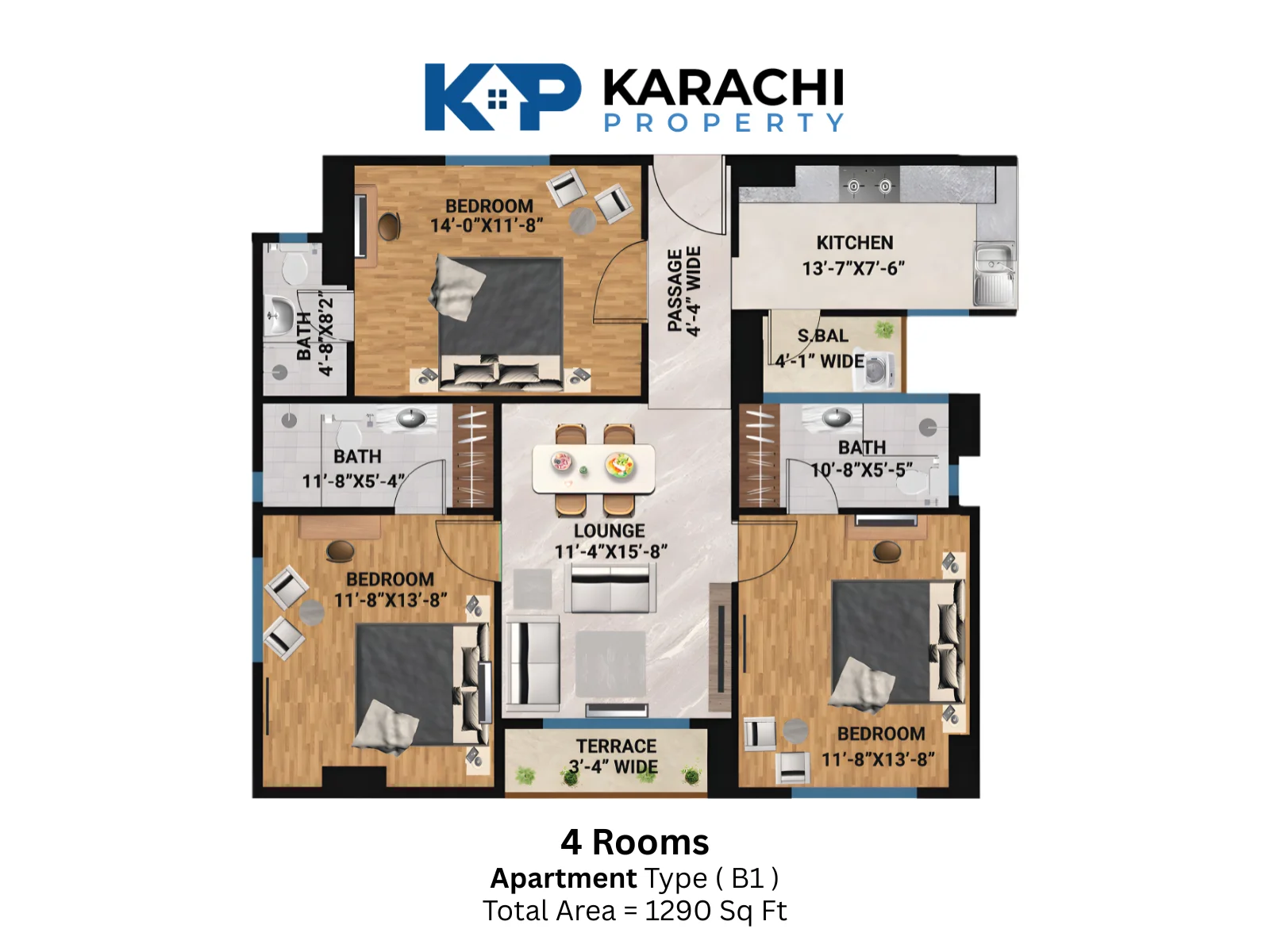 Type b1 4 room apartment plan
