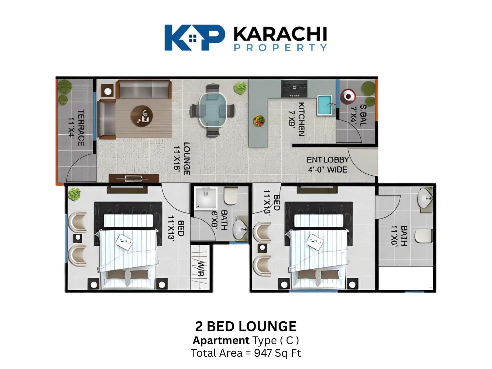 Sawera Grand Enclave Type C 2 bedroom Plan