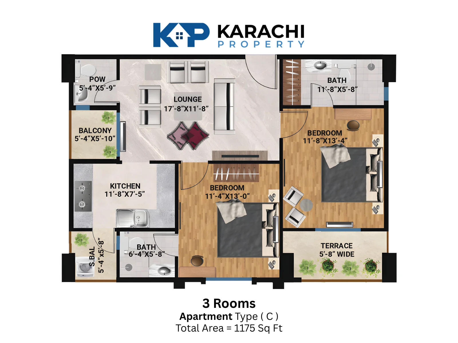 Type C 3 room apartment plan