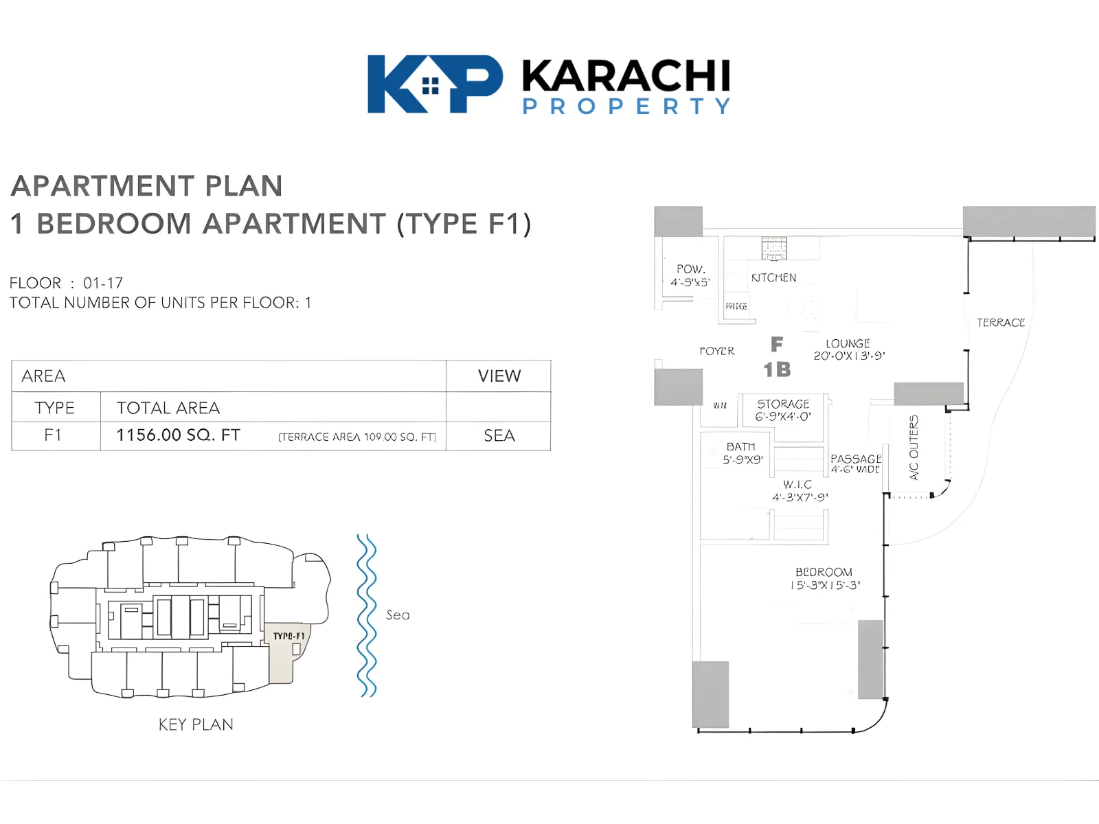 Type F1 1 bedroom apartment plan