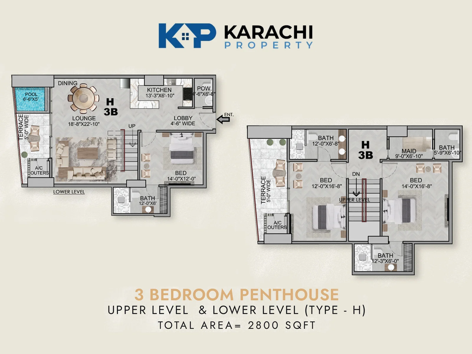 Type H 3 bedroom duplex penthouse plan 2800 sq ft