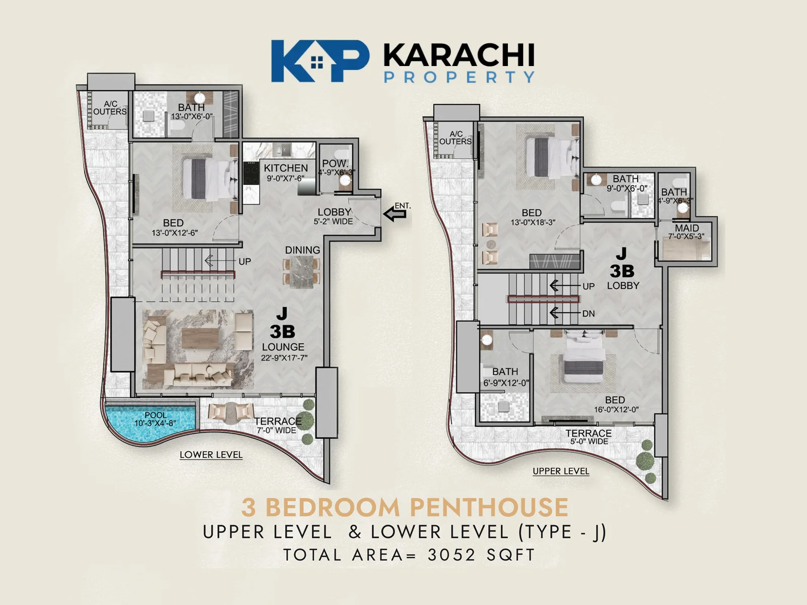 Type J 3 bedroom duplex penthouse plan 3052 sq ft