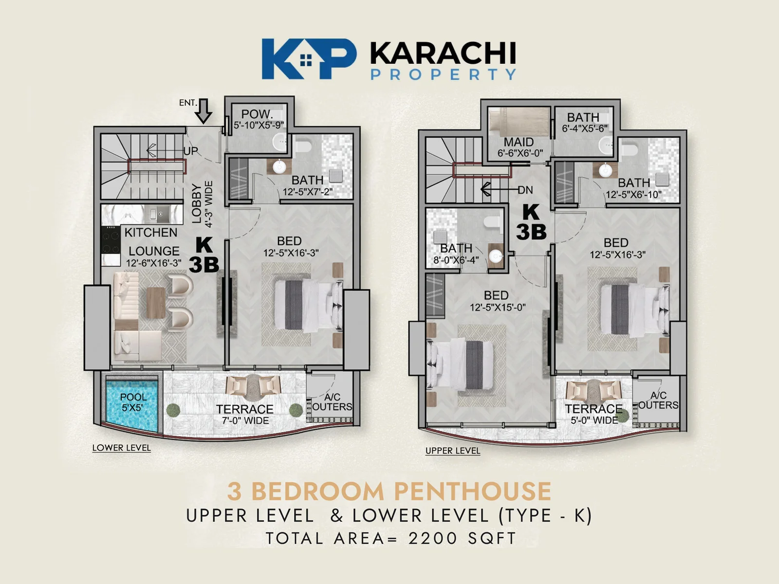 Type K 3 bedroom duplex penthouse plan 2200 sq ft