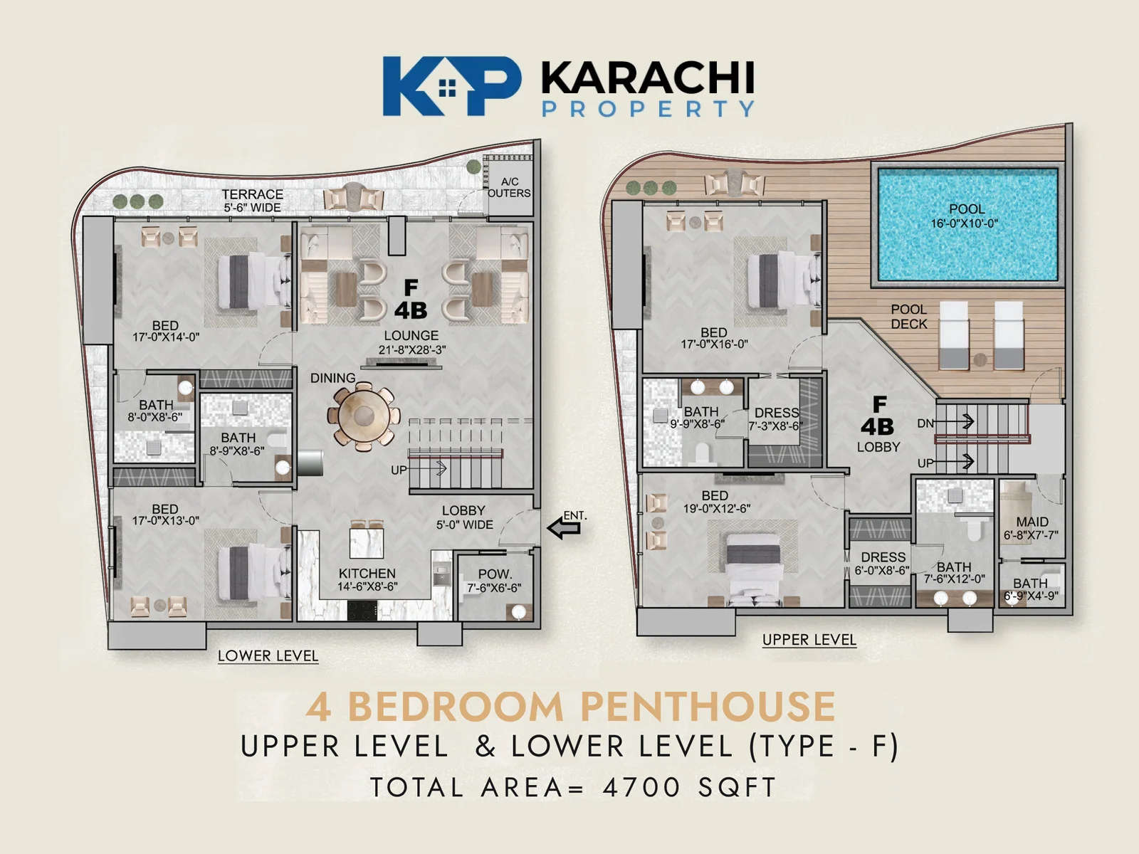 Type F 4 bedroom duplex penthouse plan 4700 sq ft