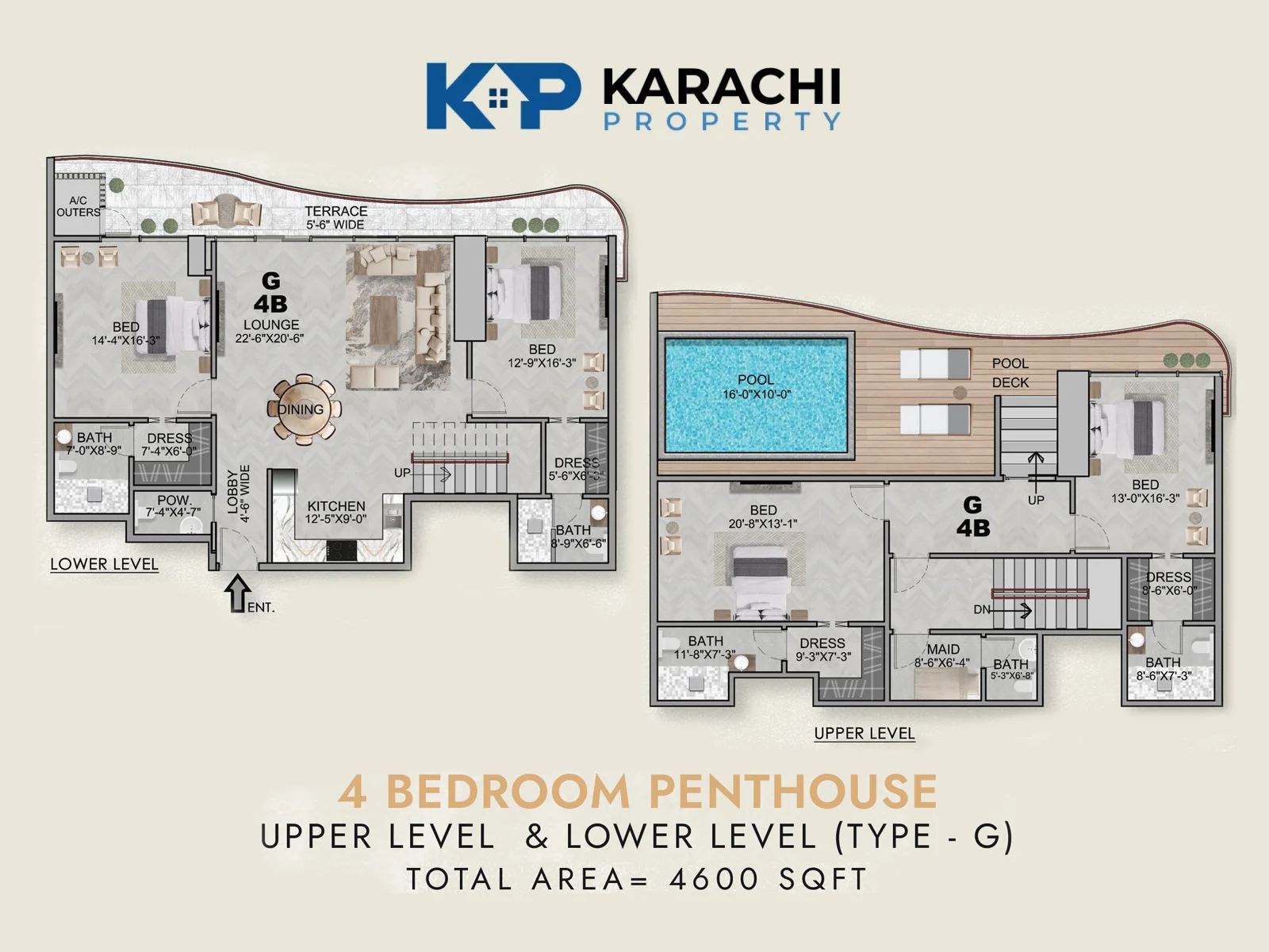 Type G 4 bedroom duplex penthouse plan 4600 sq ft