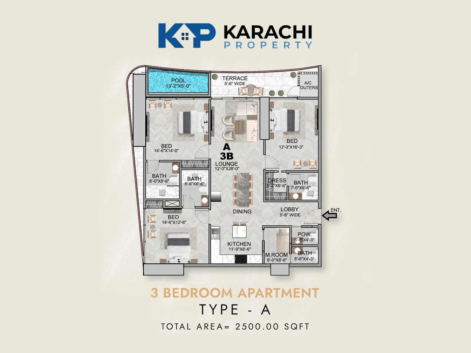 Type A 3 bedroom apartment floor plan 2500 sq ft