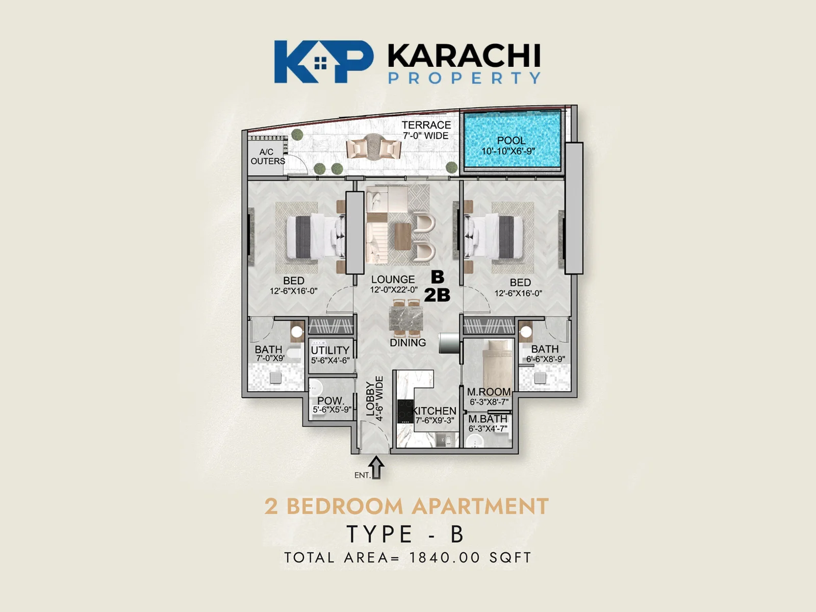 Type B 2 bedroom apartment floor plan 1840 sq ft