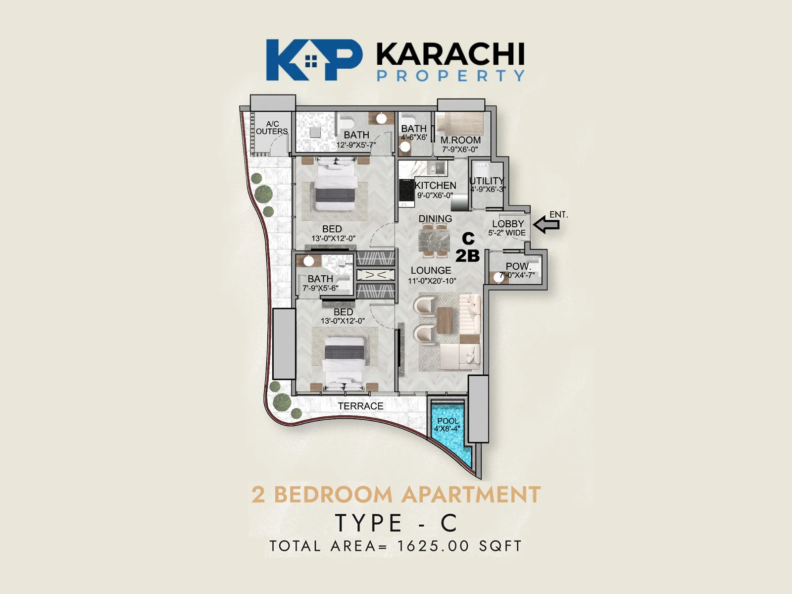 Type C 2 bedroom apartment floor plan 1625 sq ft