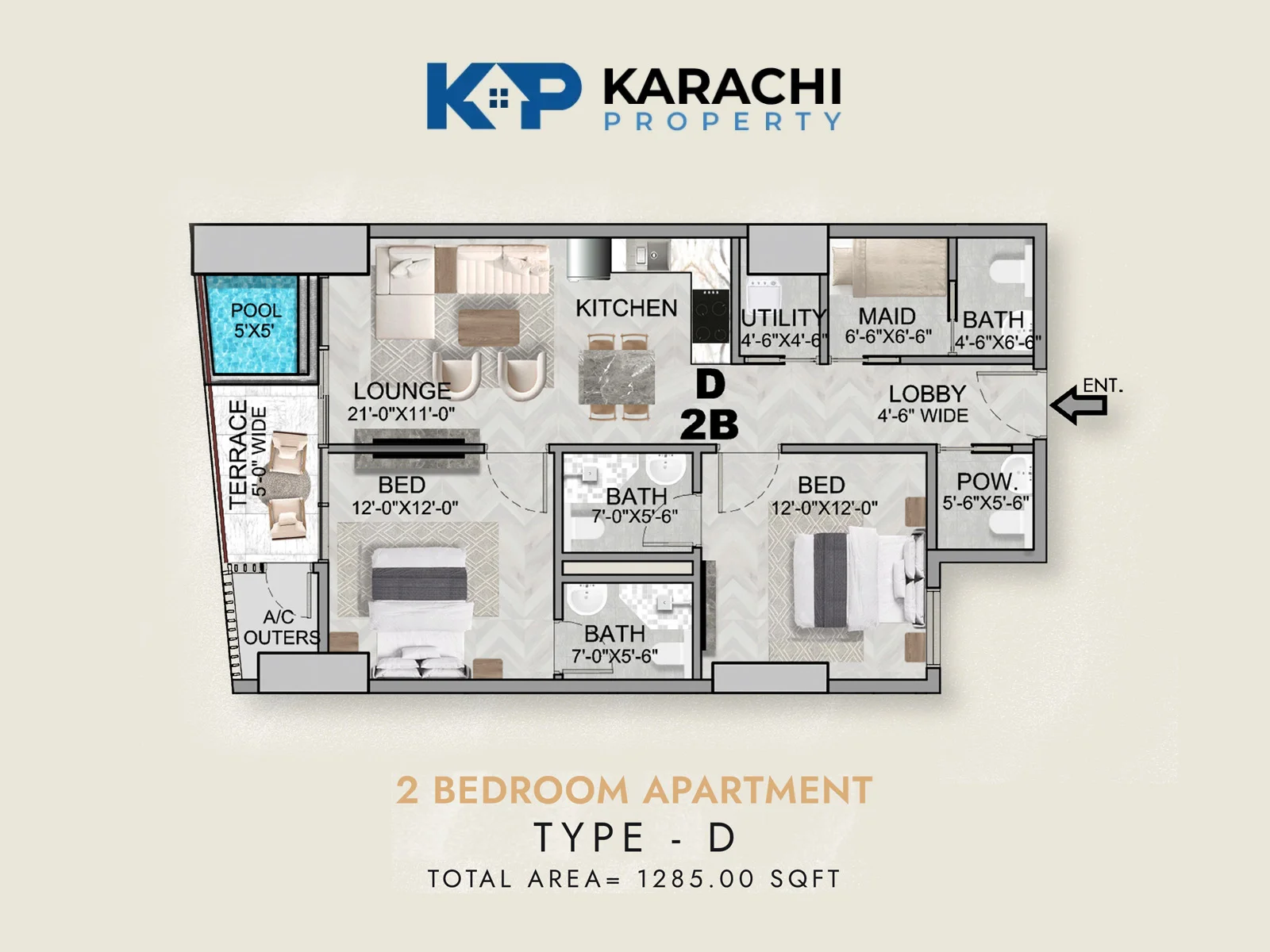 Type D 2 bedroom apartment floor plan 1285 sq ft