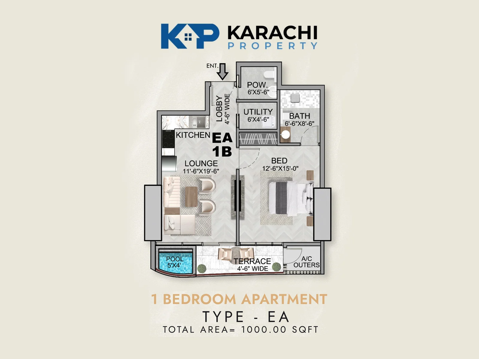 Type EA 1 bedroom apartment floor plan 1000 sq ft