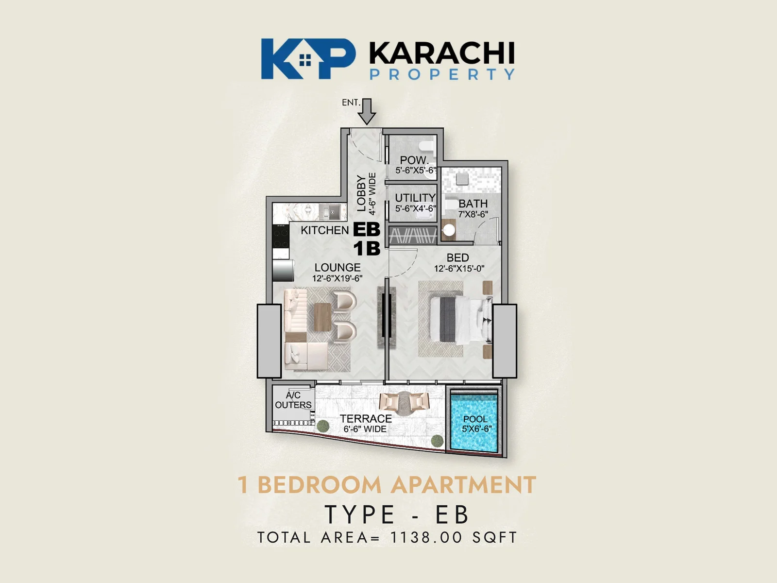 Type EB 1 bedroom apartment floor plan 1138 sq ft